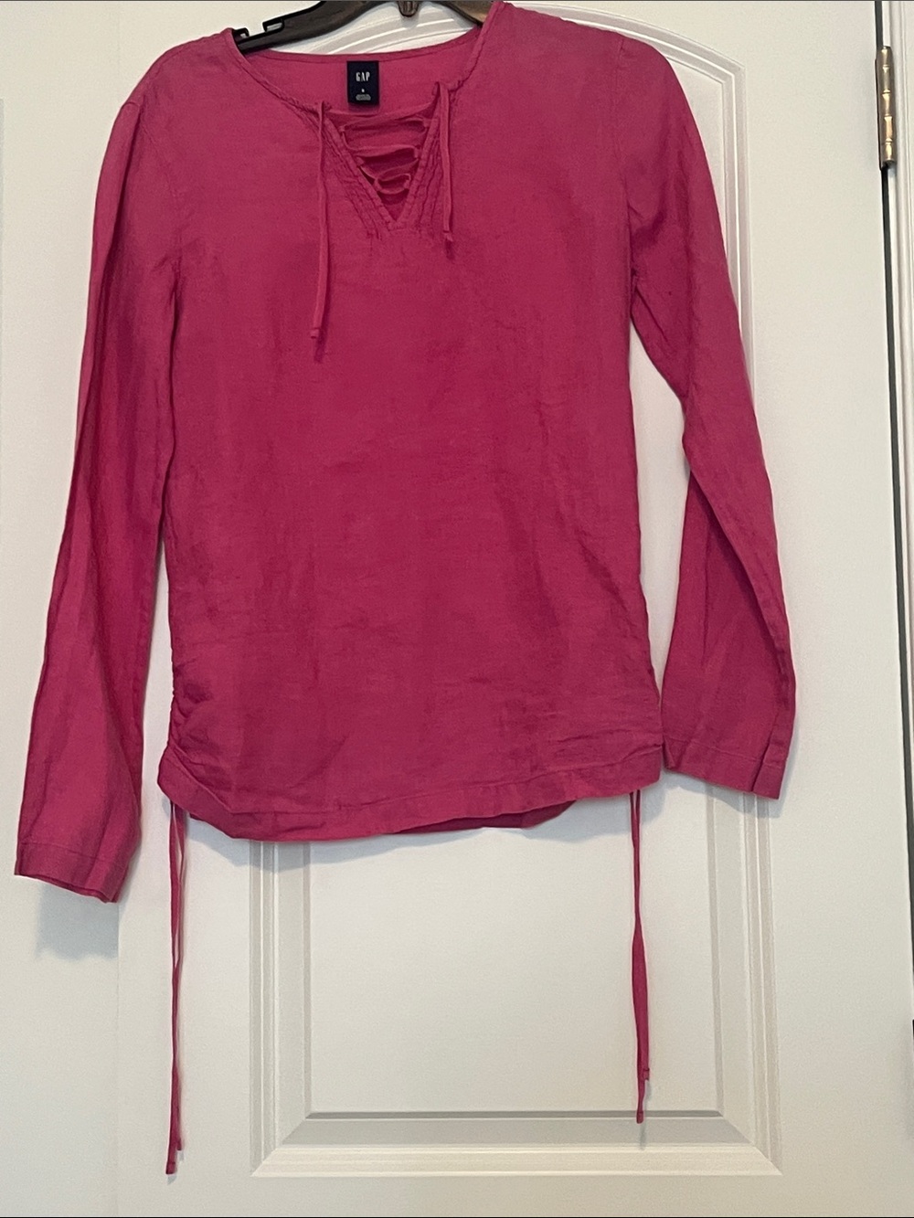 GAP Women's Fuchsia Lace-Up Long Sleeve Linen Top